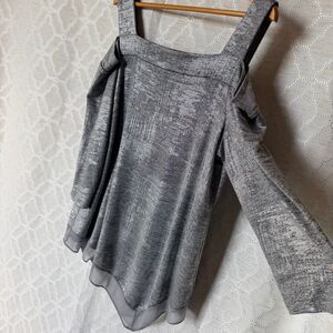 Tiana B XL Gray Metallic Silver Cold Shoulder Asymmetrical Top Party Evening